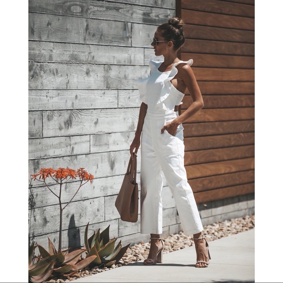 White Denim Ruffle Open Back Jumpsuit - Picture 3 of 8